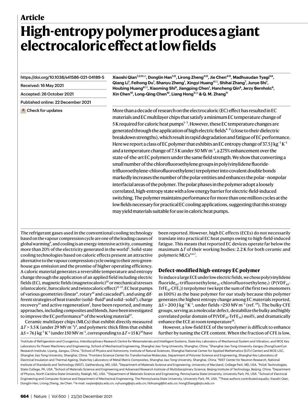 High-Entropy Polymer Produces a Giant Electrocaloric Effect at Low Fields
