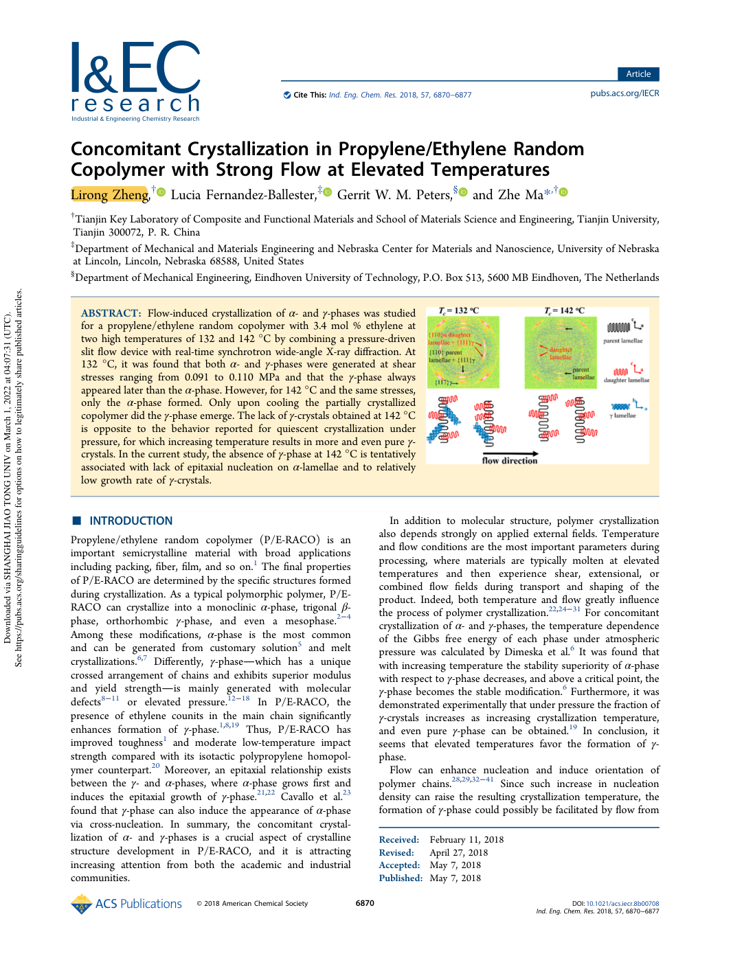 Concomitant Crystallization in Propylene/Ethylene Random Copolymer with Strong Flow at Elevated Temperatures